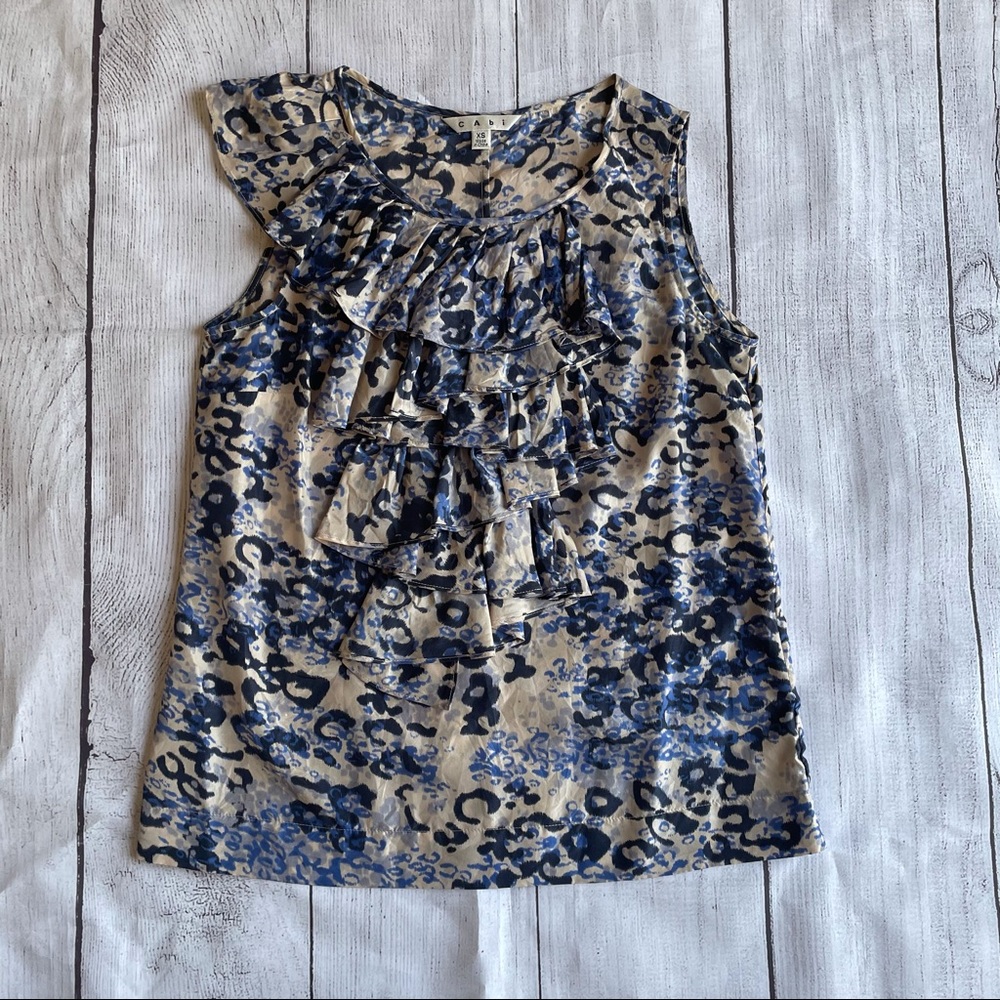 Cabi # 628 Silk Cream & Blue Ruffle Tank Size XS